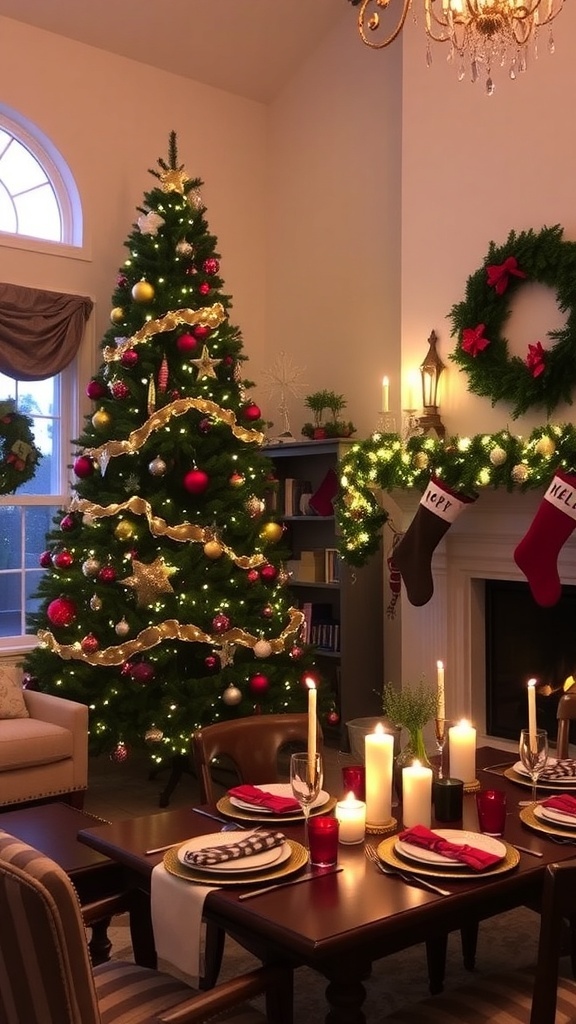 A cozy living room decorated for Christmas with a tree, garland, and festive table setting.